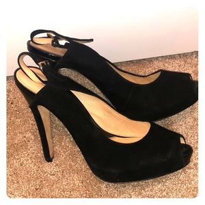 Suede black sling back heels